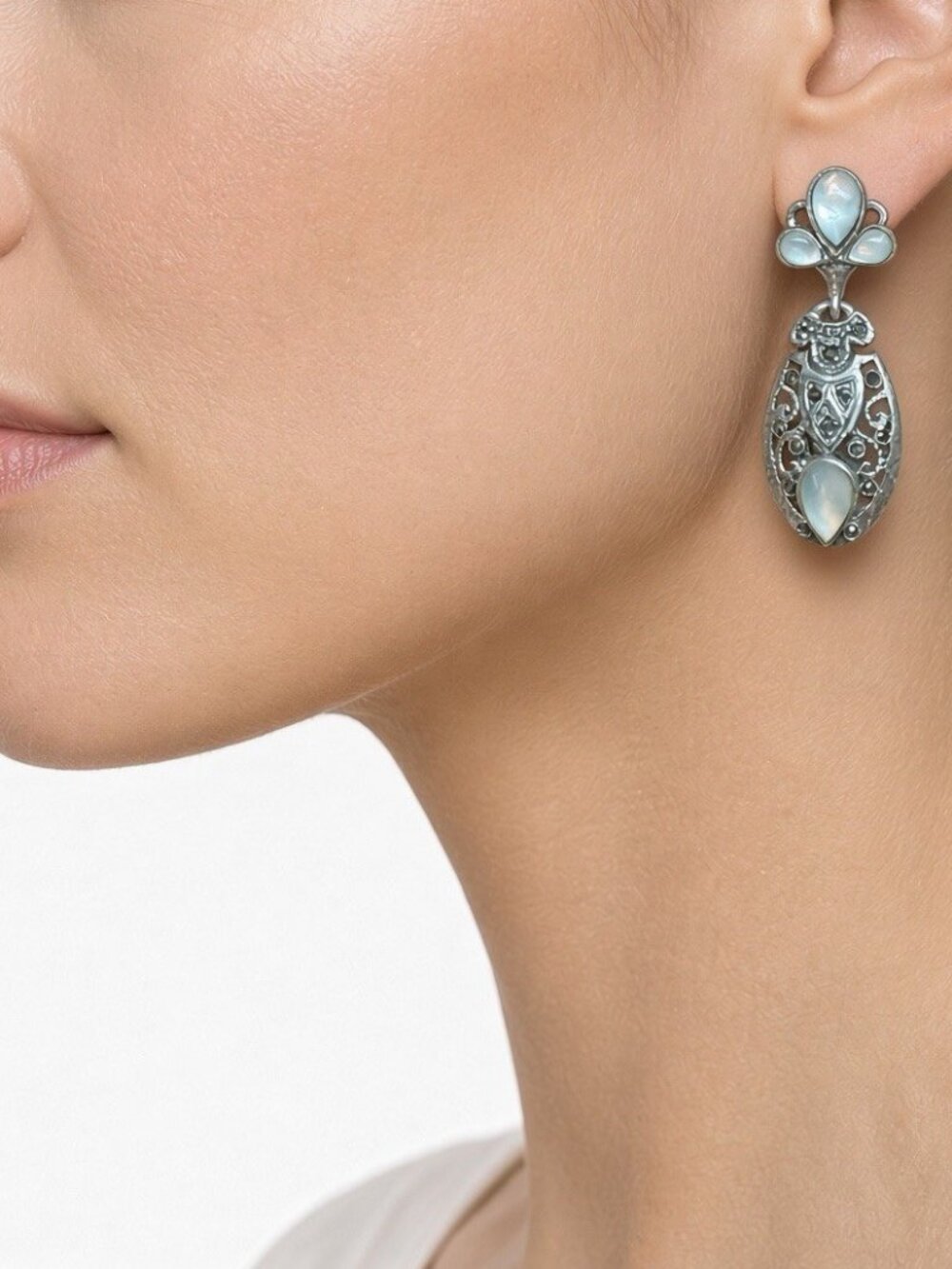 Pair of sterling silver drop earrings, marked Thailand, EMA, 925.
